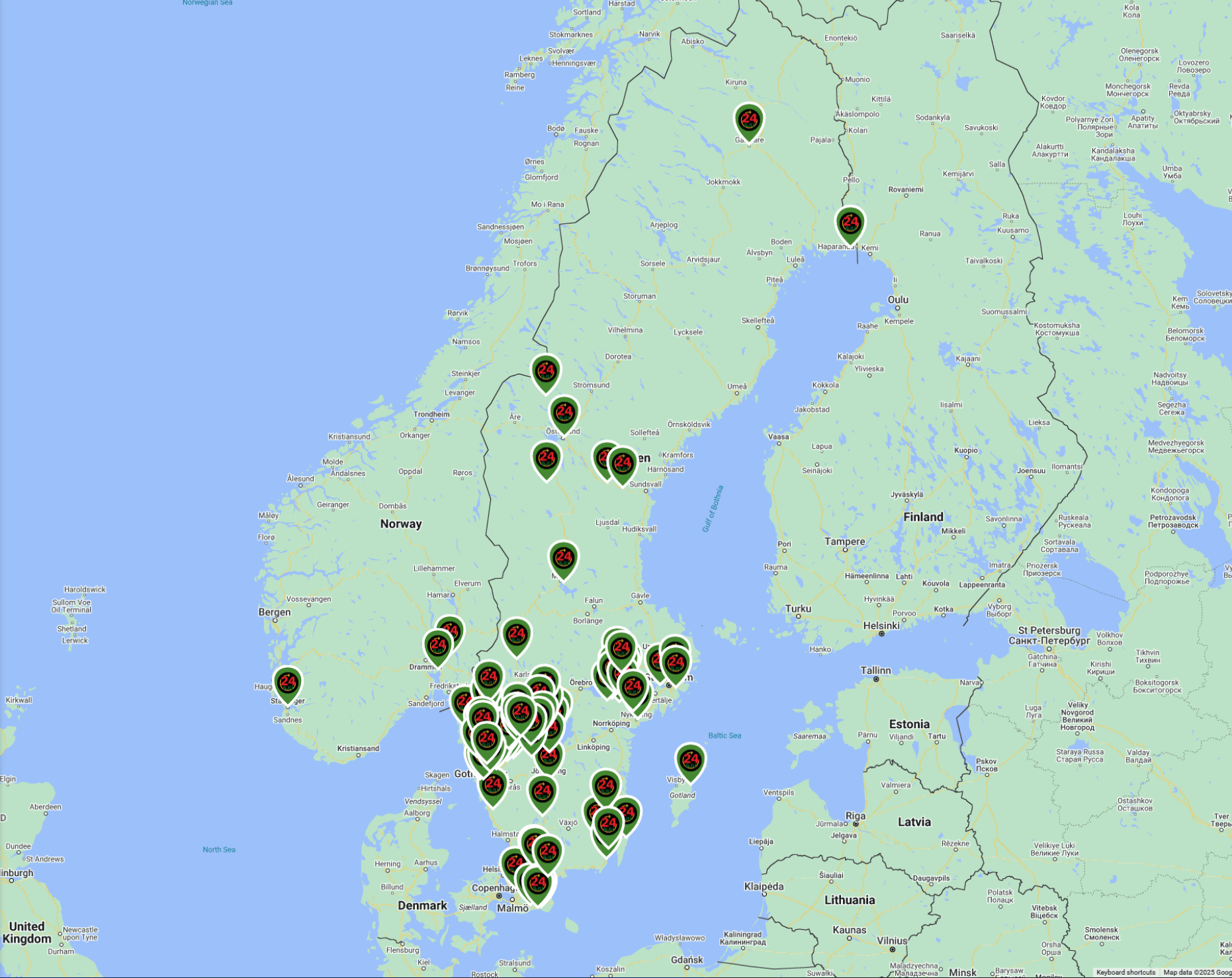 Map of 24SJU store locations in Sweden
